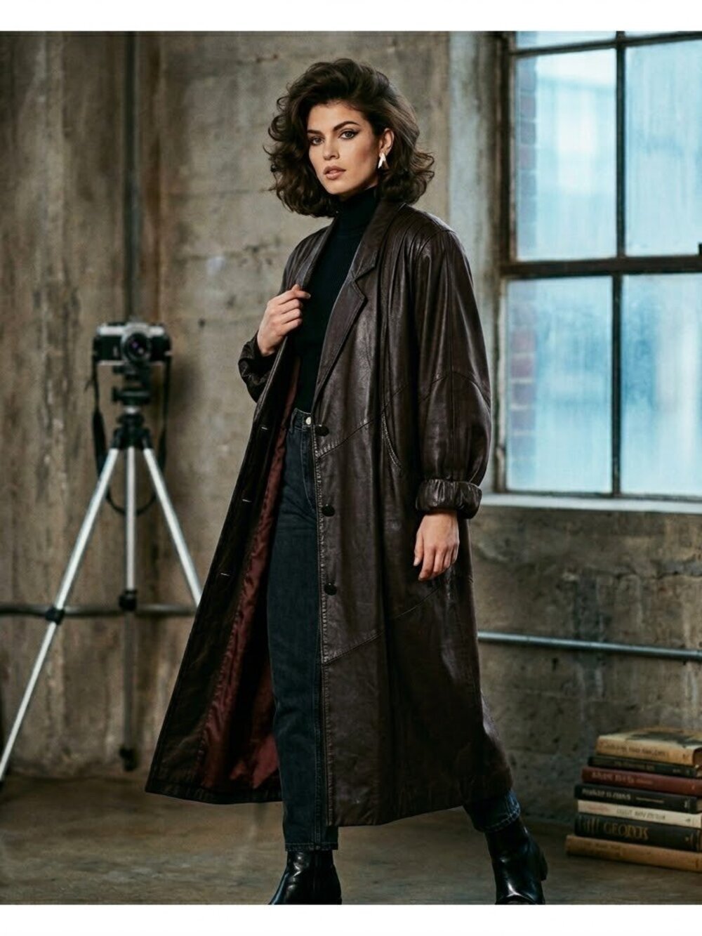 Avanti Leather Long Trench Coat Womens Large Brown Matrix Grunge 80s Vintage